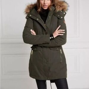 Women's Cole Han Olive Parka down filled puffer with Faux Fur Hood